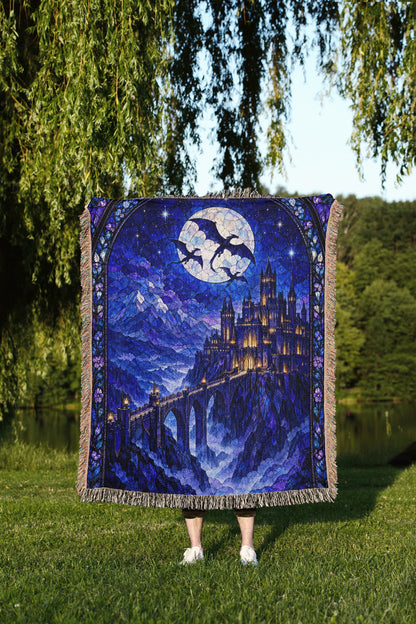 Basgiath by Night Stained Glass Woven Throw Blanket held up outdoors