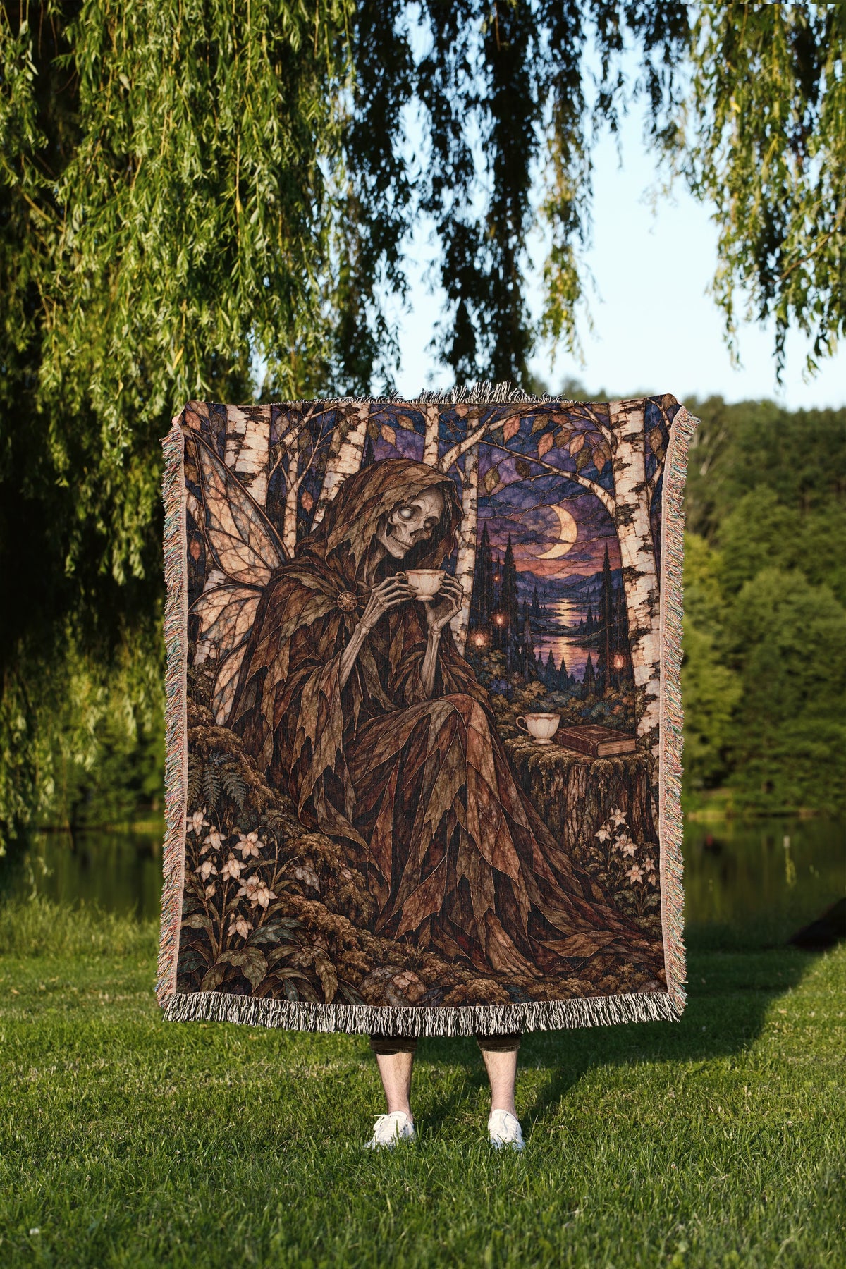 Suriel Tea Woven Throw Blanket held up outdoors