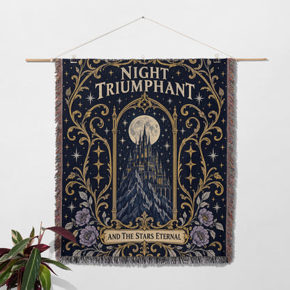 Night Triumphant Crest Woven Throw Blanket hanging on a wall with a plant
