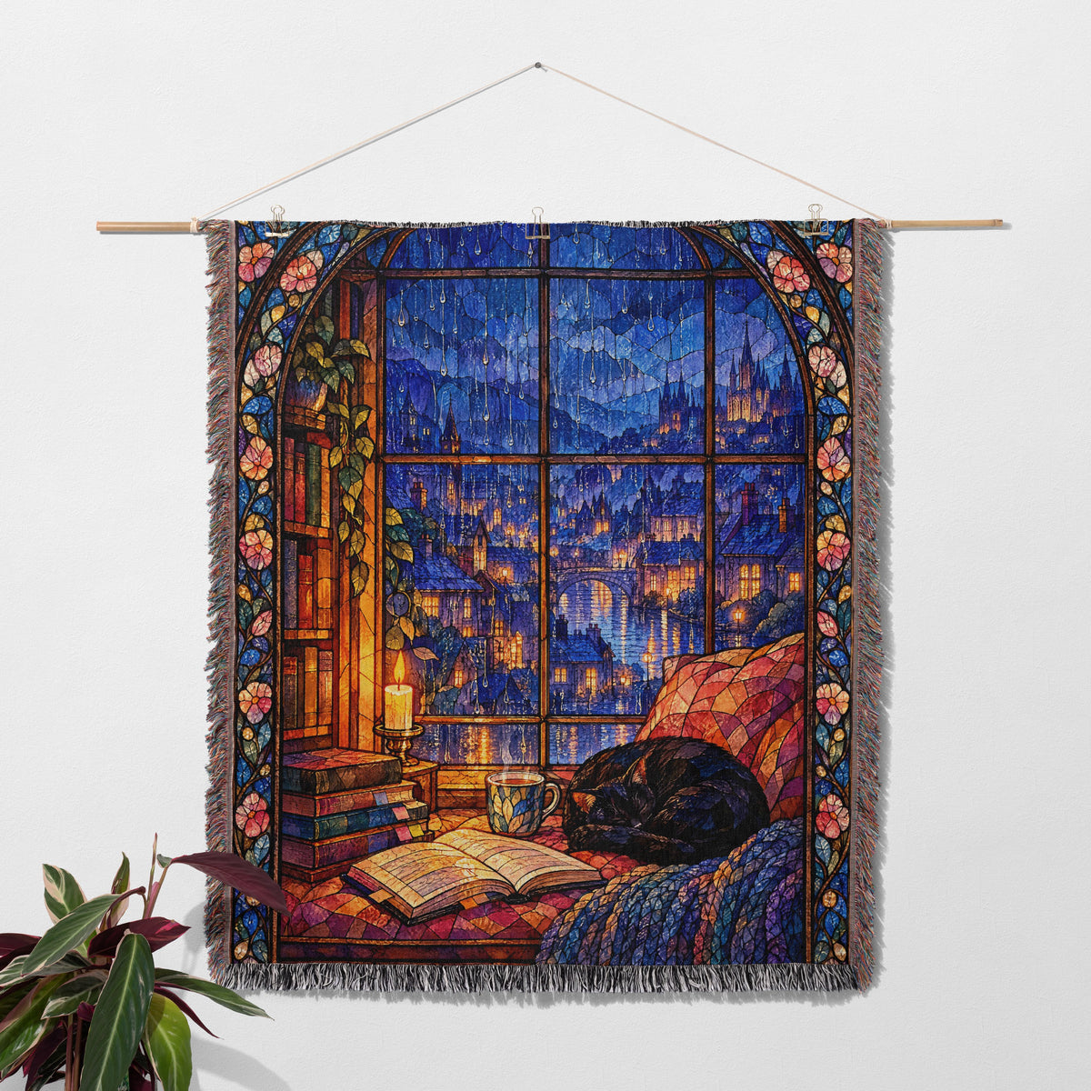 The Reader's Window Stained Glass Woven Throw Blanket hanging on a wall with a plant