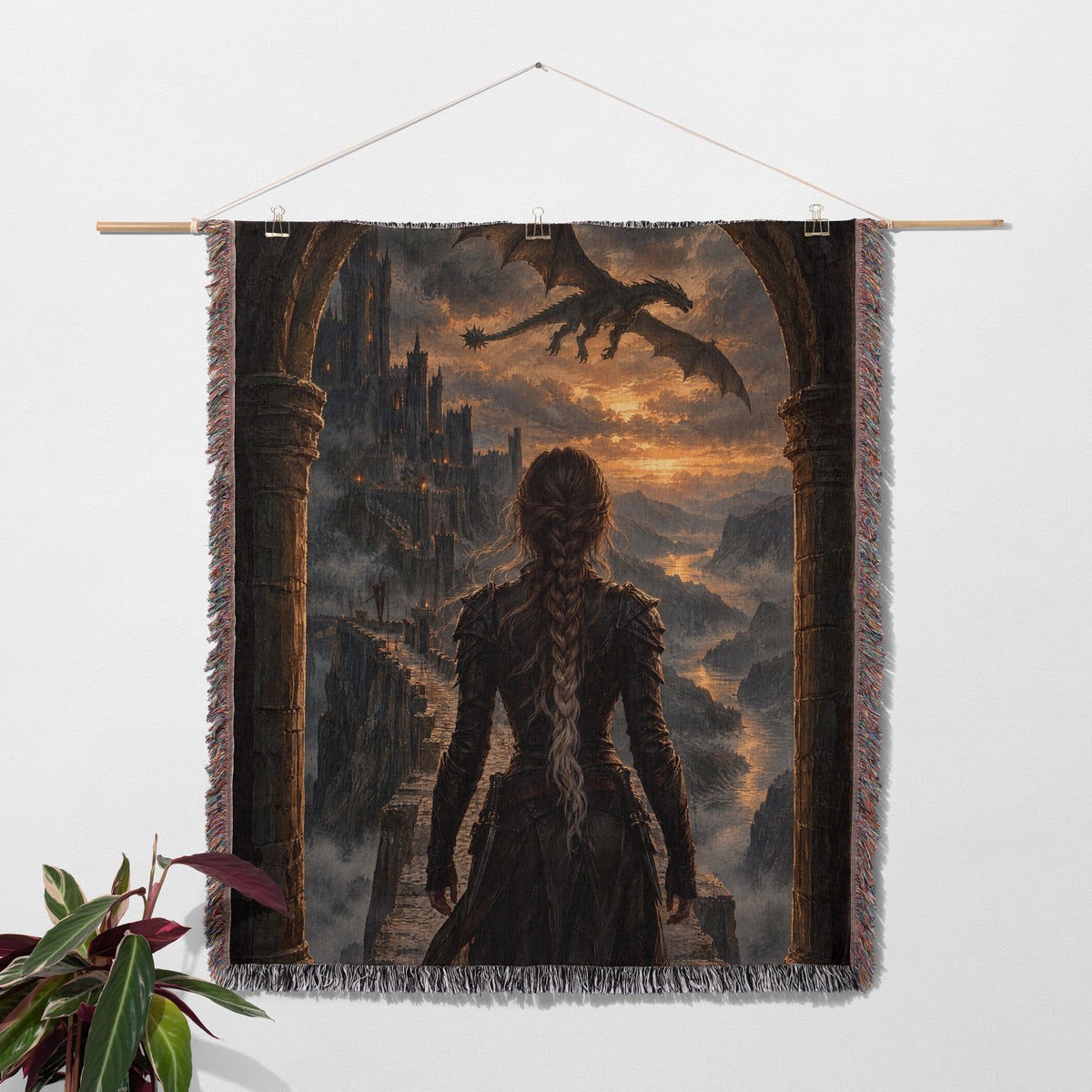 Violet at the Parapet Woven Throw Blanket hanging on a wall with a plant