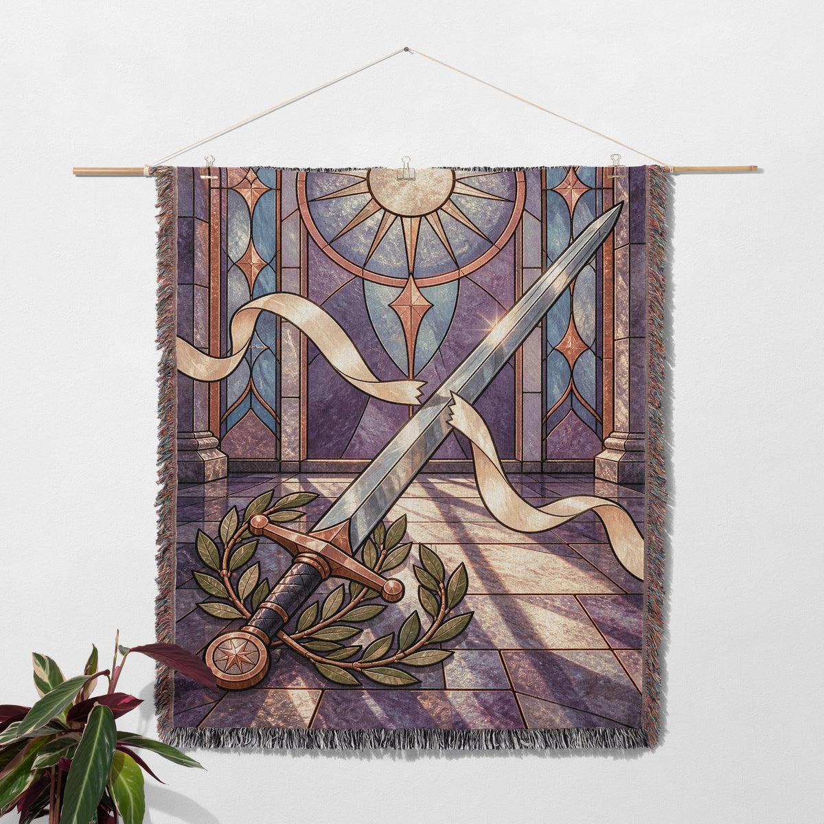 Radiant Blade Woven Throw Blanket hanging on a wall with a plant