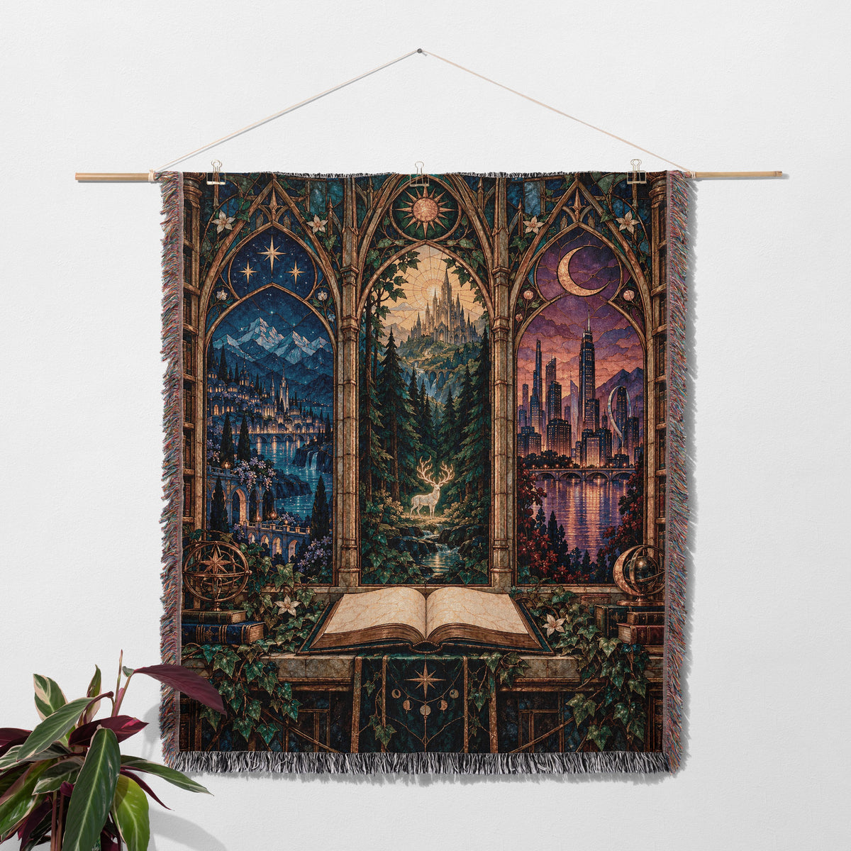 Maasverse Realms Woven Throw Blanket hanging on a wall with a plant