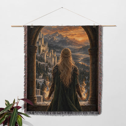 Aelin on the Walls of Orynth Woven Throw Blanket hanging on a wall with a plant