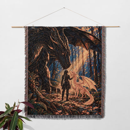 Three Bonds Woven Throw Blanket hanging on a wall with a plant