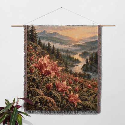 Kingsflame Woven Throw Blanket hanging on a wall with a plant