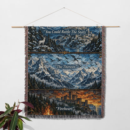 Terrasen Stained Glass Woven Throw Blanket hanging on a wall with a plant