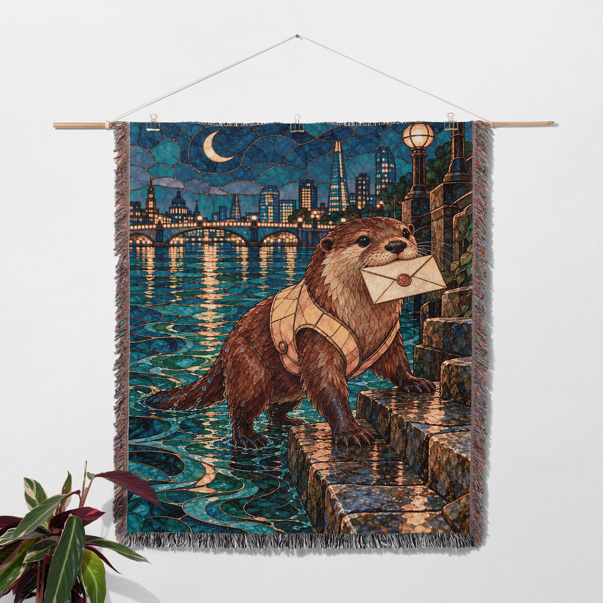 Otter Woven Throw Blanket hanging on a wall with a plant