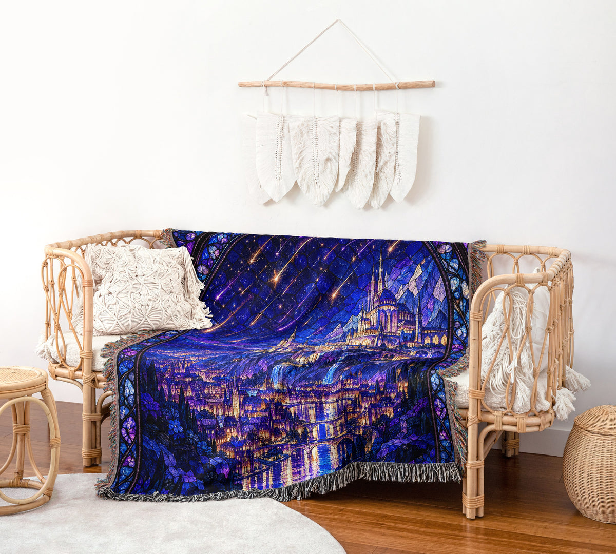Starfall over Velaris Stained Glass Woven Throw Blanket on a rattan chair