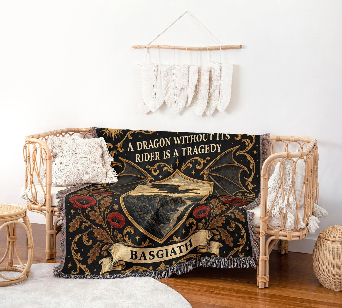 Basgiath Dragon Rider Crest Woven Throw Blanket on a rattan chair