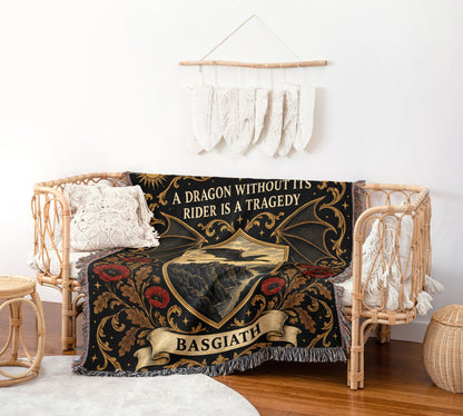 Basgiath Dragon Rider Crest Woven Throw Blanket on a rattan chair