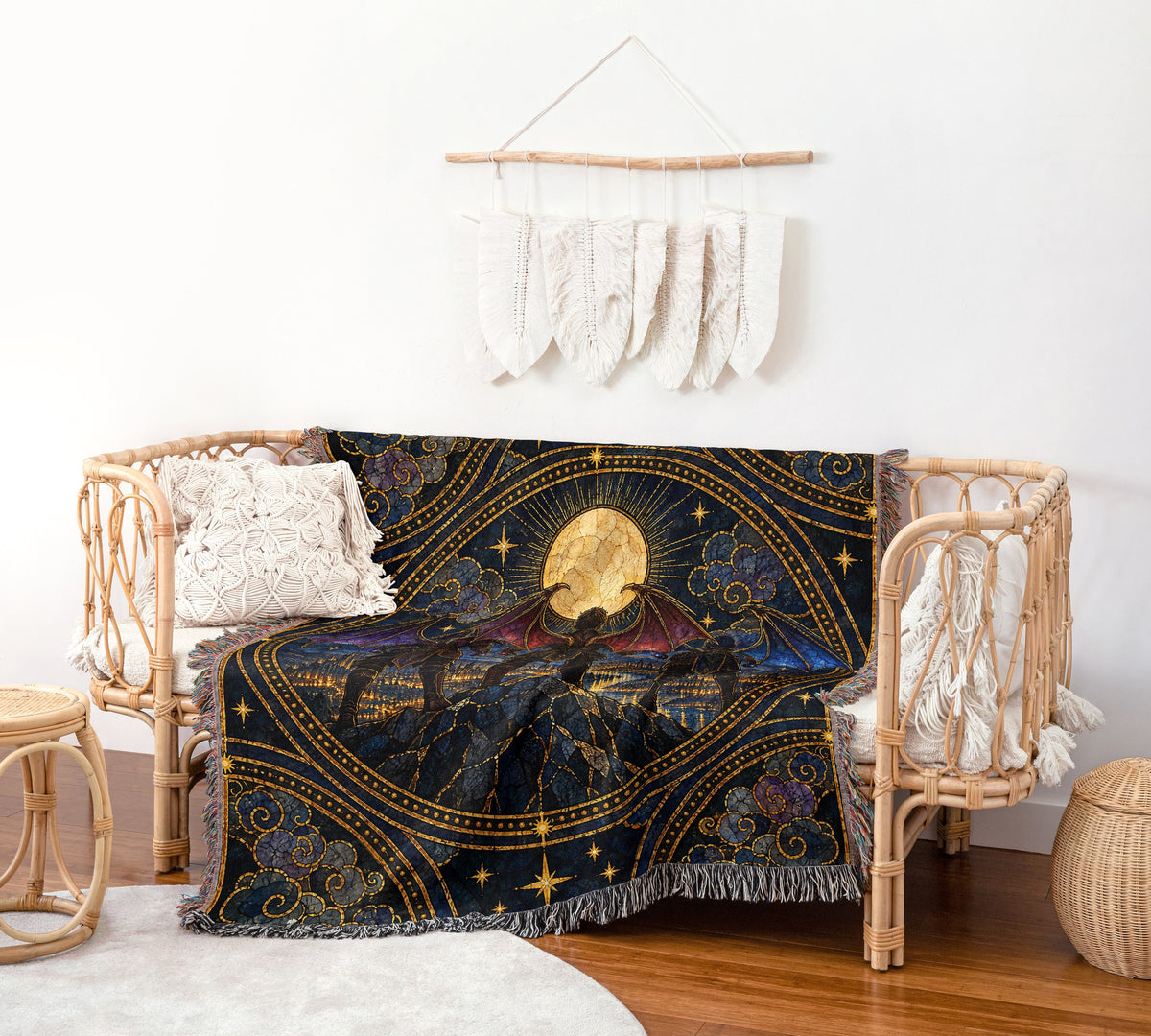 Illyrian Trio Stained Glass Woven Throw Blanket on a rattan chair