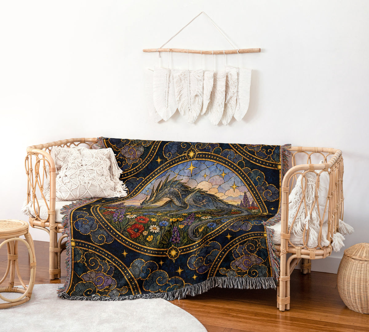 Abraxos in Bloom Stained Glass Woven Throw Blanket on a rattan chair
