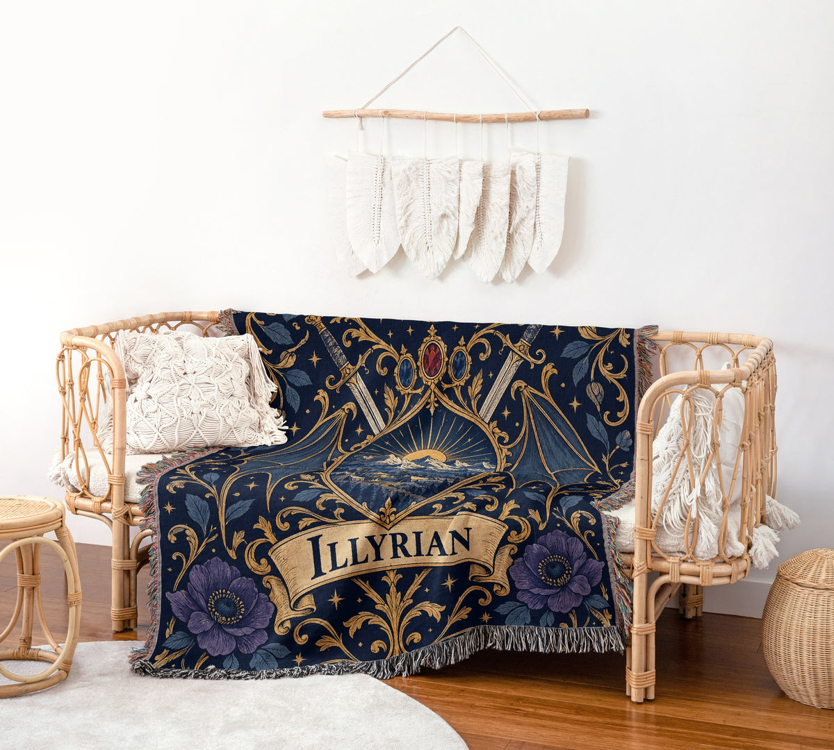Illyrian Crest Woven Throw Blanket on a rattan chair