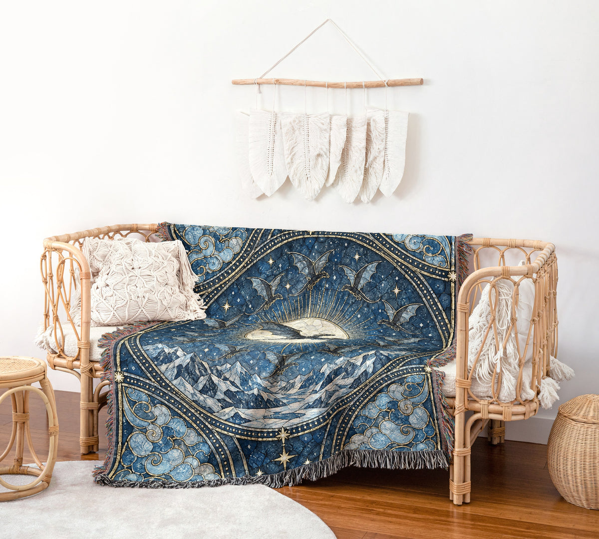 The Thirteen Stained Glass Woven Throw Blanket on a rattan chair