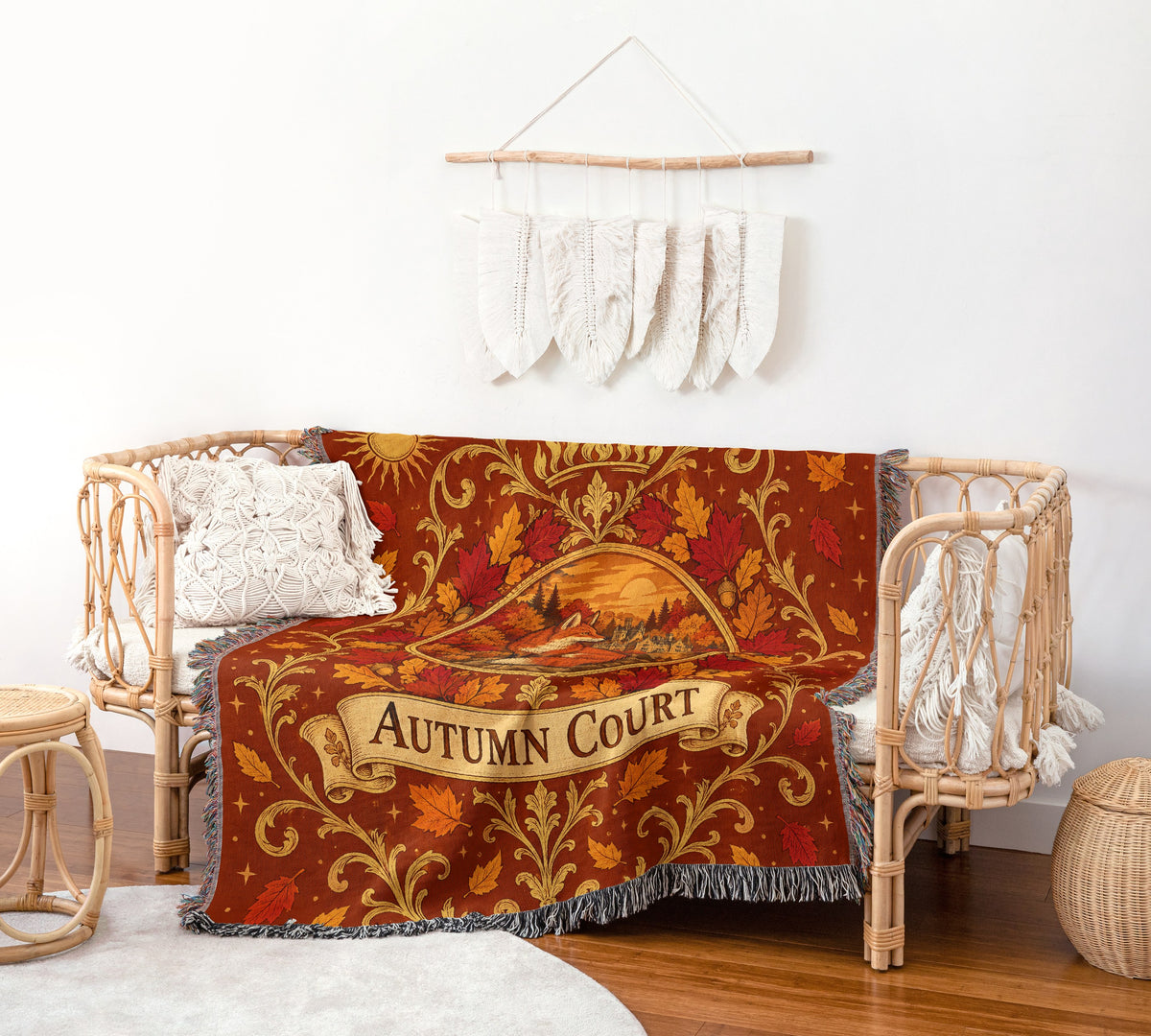 Autumn Court Fox Crest Woven Throw Blanket on a rattan chair