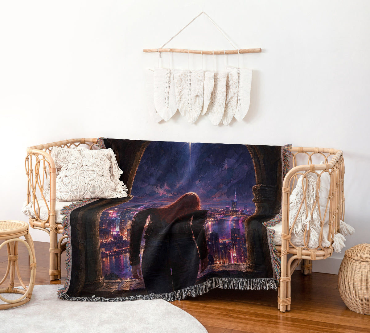 Bryce over Lunathion Woven Throw Blanket on a rattan chair