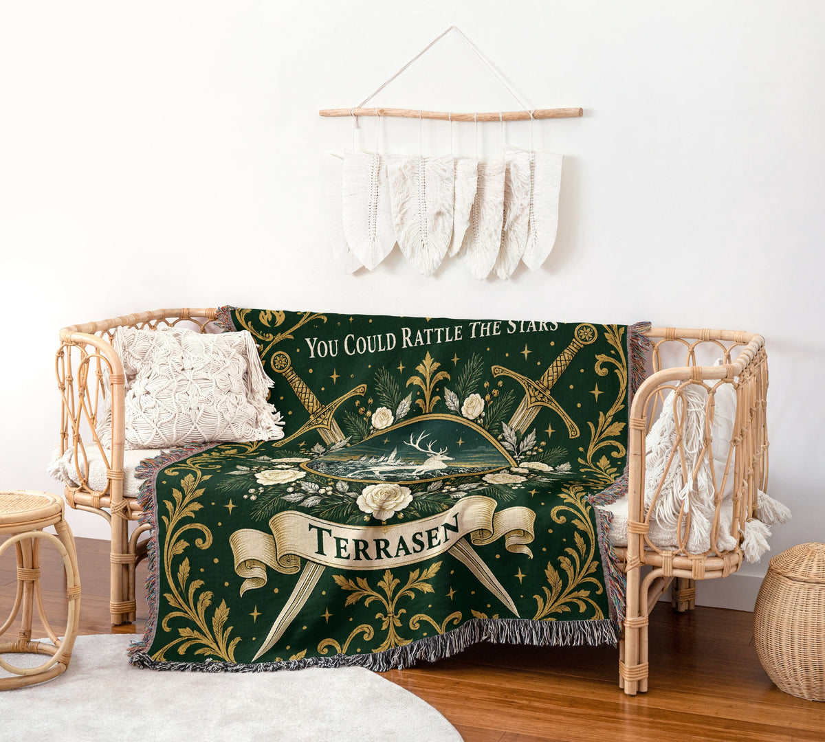 Terrasen Crest Woven Throw Blanket on a rattan chair