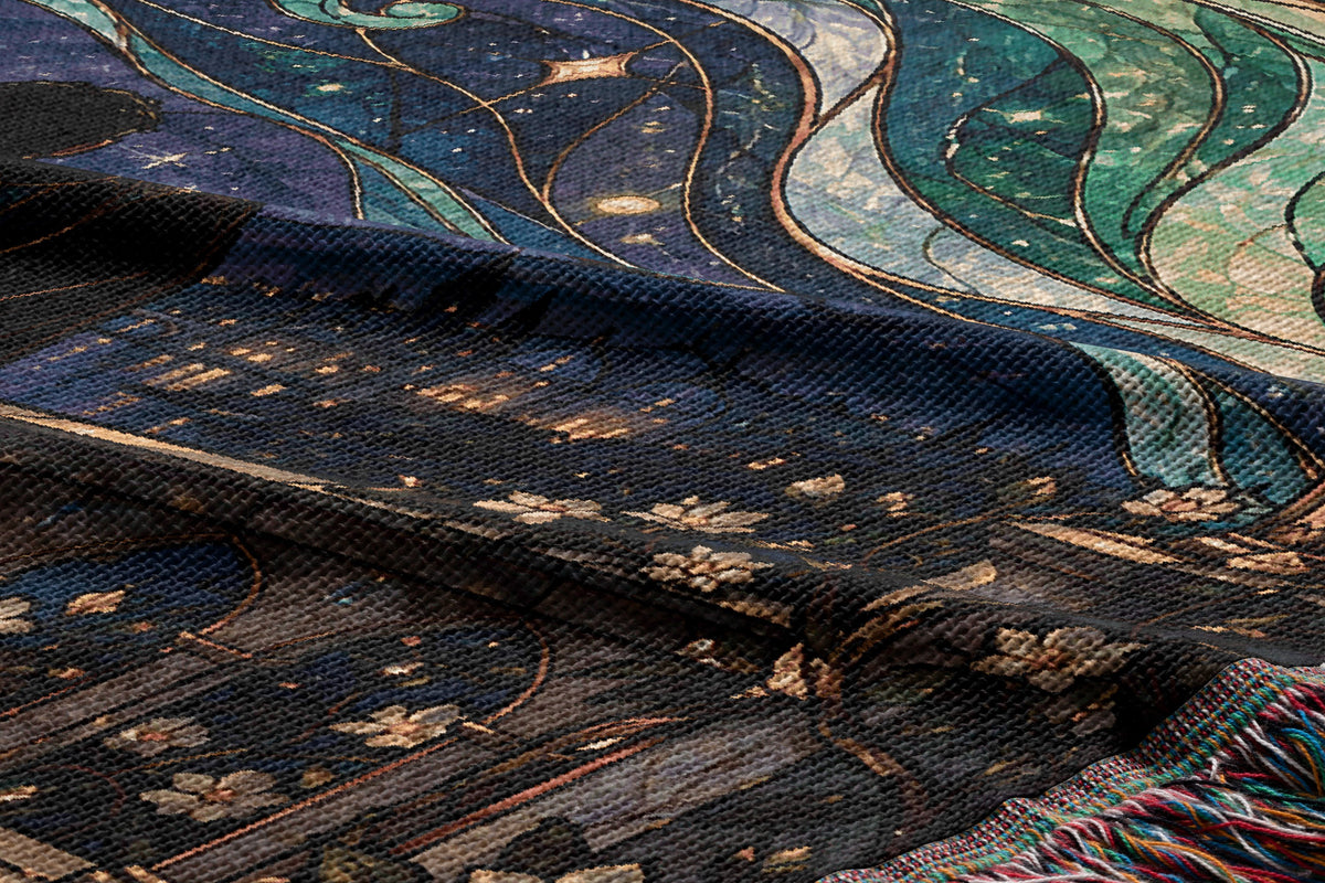 Starfall Stained Glass Woven Throw Blanket woven texture and fringe close-up