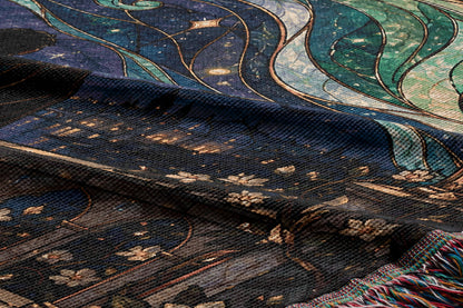 Starfall Stained Glass Woven Throw Blanket woven texture and fringe close-up