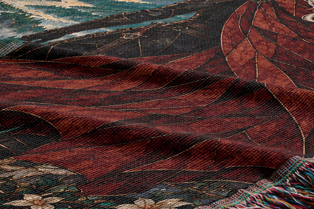 Wyvern at the Mountain Pass Woven Throw Blanket woven texture and fringe close-up