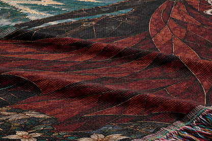 Wyvern at the Mountain Pass Woven Throw Blanket woven texture and fringe close-up