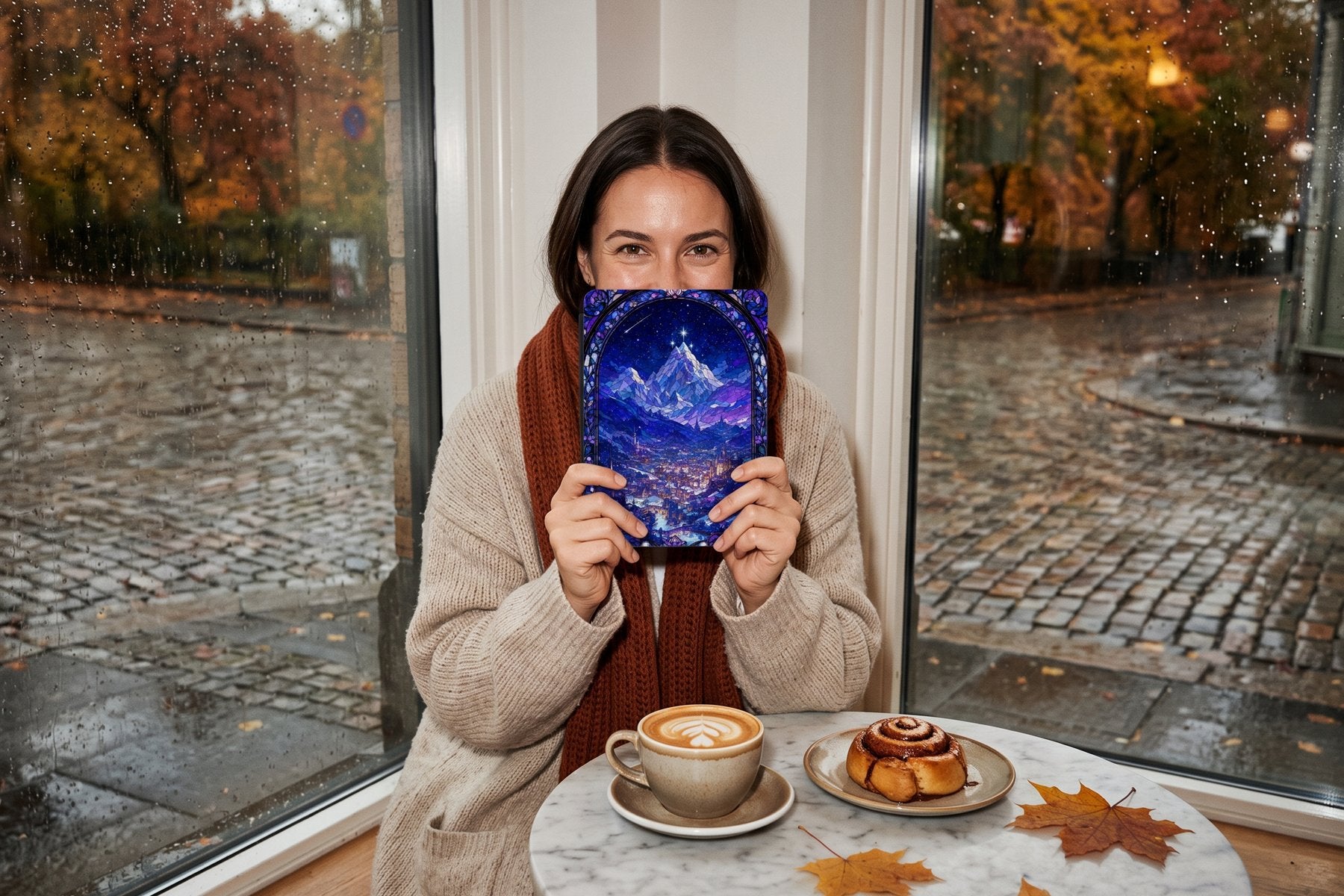 Reader peeking over the Velaris stained glass Kindle case in a rainy autumn cafe
