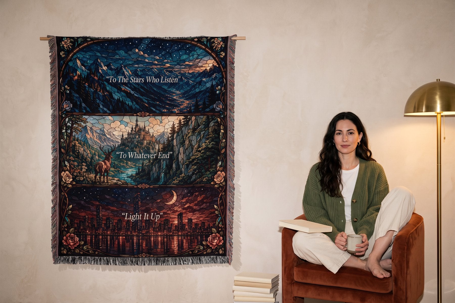 Stained glass woven throw hung in a reading nook at night
